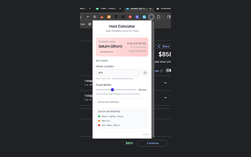 Hora Calculator for Google Flights :: Displays auspicious hora indicators on Google Flights search results based on Vedic astrology