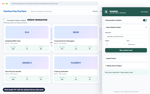 Scopetpt TPT Extractor :: TPT product research for POD Network members with in-page insights, smart filters, multi-page search, and estimates.
