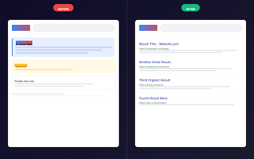Google Search Cleaner :: Clean up your Google Search experience. Hide AI Overviews, Ads, Shopping, Shorts, and more. Customize your results directly.