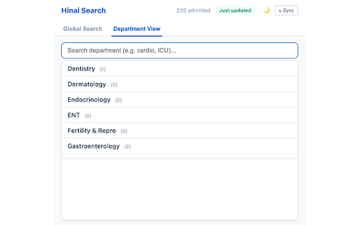 Hinai Search :: Index and search patients from all 34 departments instantly. Requires access to Hinai hospital system.