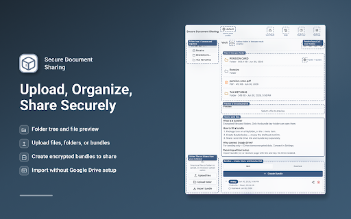 Secure Document Sharing :: Use secure document sharing: encrypted document vault, secure file transfer & Google Drive bundles — link and key stay separate.