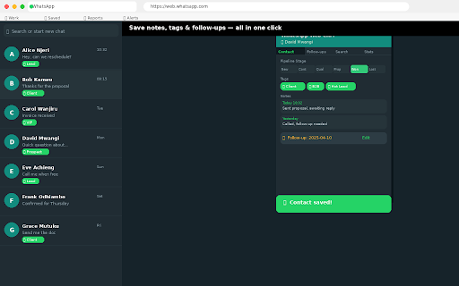 WhatsApp Web CRM™ :: CRM for WhatsApp Web — tag contacts, pipeline stages, notes, follow-up reminders, search & CSV export. Data stored locally.