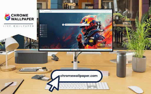 Red Bull Racing Live Wallpaper :: Red Bull Racing F1 driver with iconic helmet against dramatic backdrop of fiery orange and cool blue energy effects.