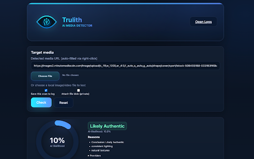 Trulith – AI Image Detector and Verification Tool :: Right-click any image or video to check if it's AI-generated using Trulith's detector.