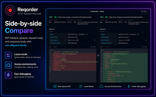 Reqorder — HTTP Request Recorder :: Record every fetch/XHR request of your tabs, organise captures into isolated sessions, inspect, diff and export — all locally.