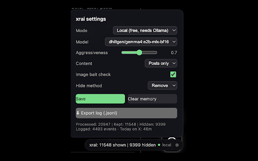 rai — local AI feed filter :: Local AI feed filter. On X: signal stays, noise disappears. On YouTube: only music + motivational videos show, the rest blurs.