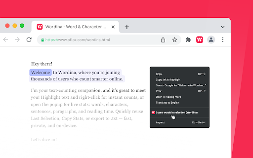 Wordina — Word & Character Counter :: Wordina — All-in-one Word Counter extension with read time, Last Selection, Copy, and .txt export option.