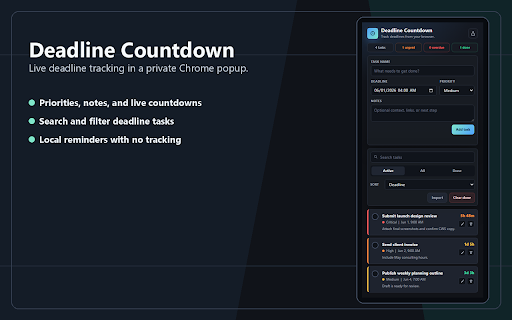 Deadline Countdown :: Track deadlines, countdowns, priorities, notes, and browser reminders from a private local popup.