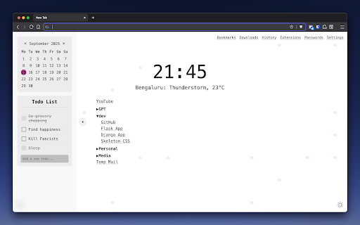 Minimal New Tab :: A minimal, new tab page with clock, weather, and bookmarks with theme support