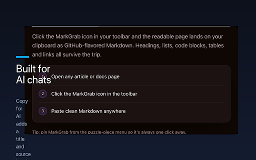 MarkGrab — Copy Page as Markdown :: Copy any page or selection as clean GitHub-flavored Markdown in one click, with an AI-ready paste mode for ChatGPT and Claude.