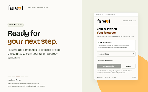 Fareof Browser Companion :: Connect your LinkedIn session to Fareof. Your password never leaves Chrome.