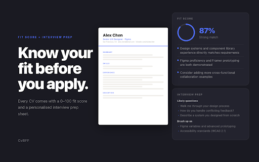 CvBFF — AI Resume & CV Builder :: AI resume & CV builder for job applications. Paste a job posting and get a tailored resume, cover letter, and fit score in seconds.