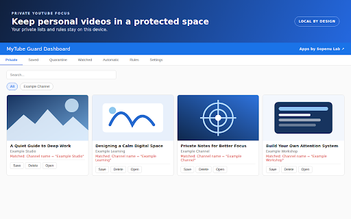 MyTube Guard - YouTube Filter & Vault - Block Channels, Shorts, Keywords :: Block channels, hide Shorts, filter keywords, and save videos in a PIN-protected vault. A modern, privacy-first YouTube blocker.