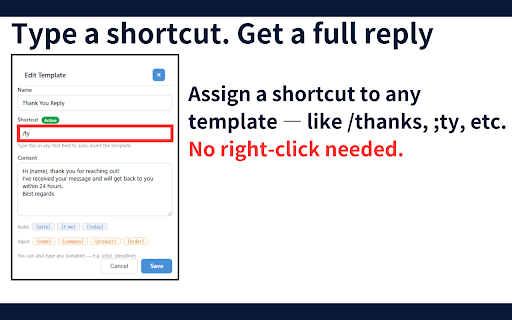 QuickReply Templates — Canned Responses & Text Expander :: Save and insert text templates instantly. Right-click any text field to paste canned responses. Perfect for email, support & sales.