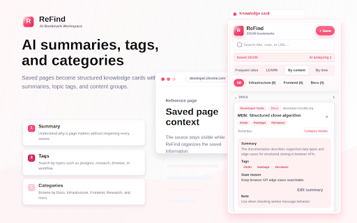 ReFind - AI Bookmark Manager :: Import browser bookmarks, save web pages in one click, and quickly search your saved knowledge.