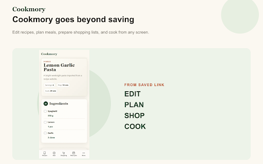 Cookmory: Save Recipes from Websites :: Save recipe pages to Cookmory in one click. Review, edit, and organize recipes in your personal cookbook.
