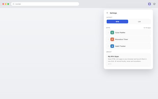 My Mini App Launcher :: Save HTML mini apps to your browser and launch them in one click. All stored locally, never sent anywhere.