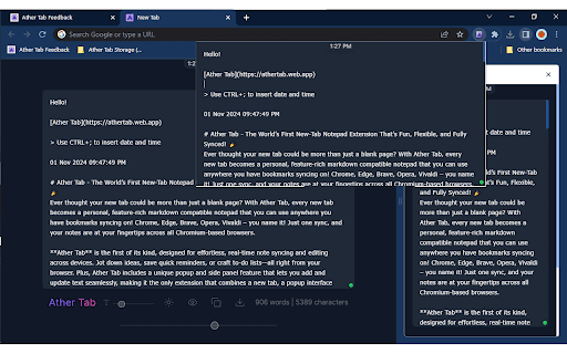 Ather Tab - Synced Notes in Tab, Popup and Side Panel :: The world's first notepad that works in both your browser's new tab and as a pop-up window.
