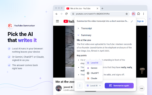 YouTube Summarizer: AI Video Summary & Transcript, Free, No API Key :: Free AI YouTube summaries and transcripts. Private on-device AI, or send to ChatGPT, Gemini or Claude. No API key, no sign-up.