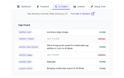Social Share Preview and Debugger :: Preview & debug how pages appear on Facebook, Twitter/X, LinkedIn. Detect duplicate tags & missing social metadata instantly.