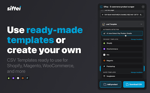 Siftei - AI Product Scraper for Shopify :: Effortlessly scrape product data from any store with AI and import it into Shopify & other platforms.
