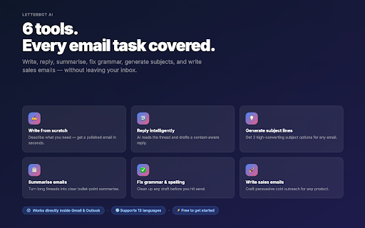 Letterbot AI :: AI email assistant — generate emails, replies, subject lines, summaries, and grammar fixes in 13 languages.
