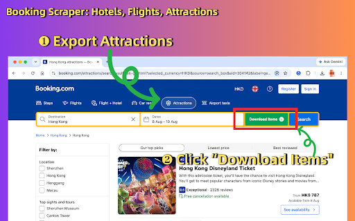 Booking Scraper: Hotels, Flights, Attractions :: Extract Booking.com hotel, flight, and attraction search results across multiple pages. Export to CSV, Excel (XLSX), or JSON.