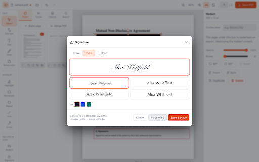 PDF Editor for Chrome: annotate, redact, sign :: Edit PDFs in the browser: text, drawing, highlights, true redaction, signatures and AcroForm fields. Nothing is uploaded.