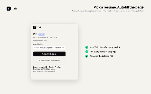 Tailr — Apply with your tailored résumé :: Carry your Tailr-tailored résumé straight into the job application.