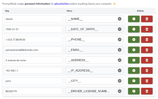 PromptMask :: Protect your personal information in AI chatbot prompts by replacing sensitive data with placeholders before submission.