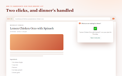 What Are We Making For Dinner :: Import the recipe you're looking at into your recipe bank, and drop it onto your meal plan.