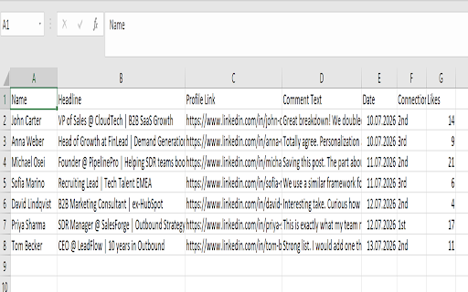 LeadScraper: Export LinkedIn Comments to Excel :: Instantly export LinkedIn comments to CSV/Excel. Names, headlines, links, dates, connection degree and likes in one click.