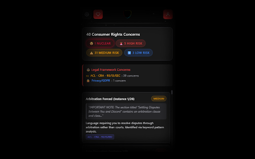 PROT - Terms of Service & EULA Analyzer :: Scans Terms of Service, EULAs & Privacy Policies for unfair clauses. Flags risks under EU, UK & Australian consumer protection law.