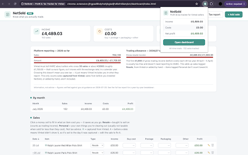 NetSold — Profit & Tax Tracker for Vinted :: Track true profit on your Vinted sales and HMRC reporting thresholds. Unofficial: not affiliated with Vinted.