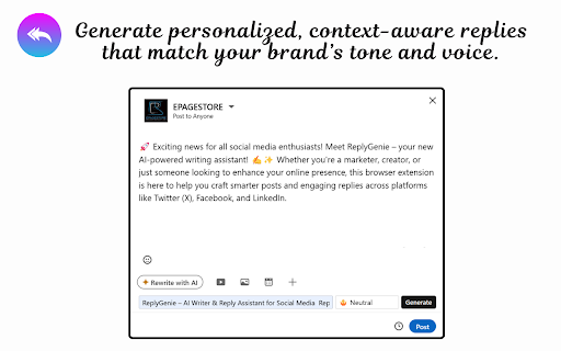 ReplyGenie:AI Reply & Post Assistant :: ReplyGenie helps you write smarter on Twitter, Facebook & LinkedIn.