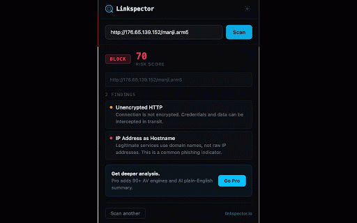 Linkspector :: Check any link for phishing, malware, and 30+ threat signals before you click.