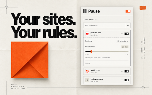 Website Blocker & Focus Timer — Pause :: A website blocker and focus timer with breathing pauses. Set website limits, choose each visit length, and pause before scrolling.