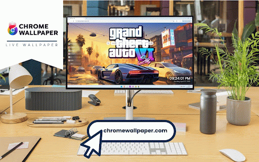 GTA 6 City Live Wallpaper :: Luxury sports car cruising through vibrant Vice City at sunset with iconic GTA VI logo.