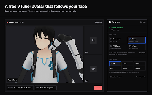 Facecam: AI Virtual Camera & Voice Changer for Meet, Zoom, Discord :: Live AI filter, face swap, voice changer and soundboard for Meet, Zoom and Discord in Chrome. Free voices and VTuber. No GPU needed.