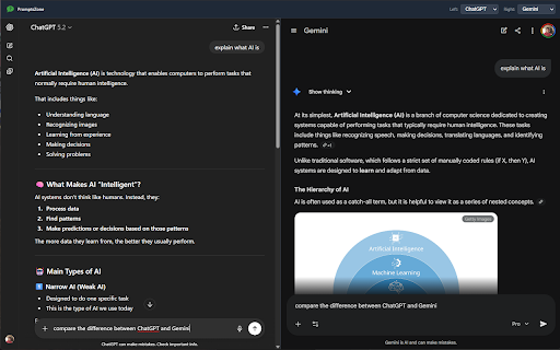 PromptsZone: Side-by-Side AI Comparison :: Run ChatGPT, Gemini, Claude, XAI, and DeepSeek side-by-side. Sync text inputs and file uploads for instant AI model comparison.