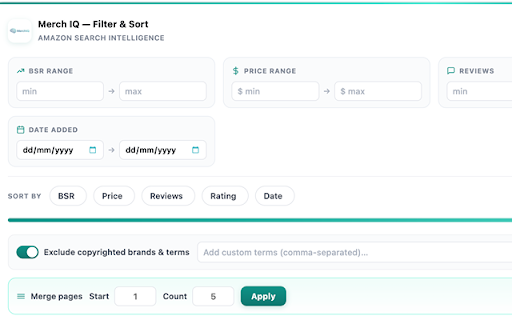 Merch IQ :: Amazon search helper: filter/sort panel, BSR fetch, and merge multiple pages into the first page.