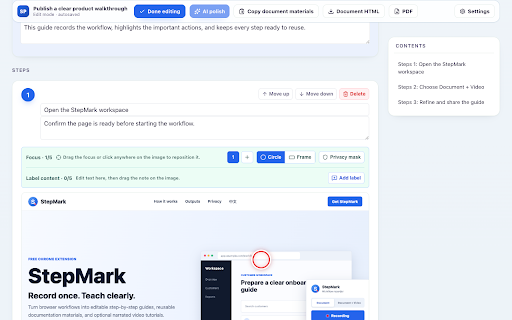StepMark :: Turn browser workflows into editable guides and narrated video tutorials.