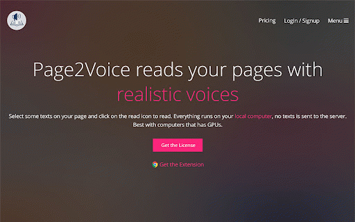 Page2Voice - AI Text to Speech that Runs Locally :: Page2Voice reads your pages with realistic voices. Everything runs on your local computer. Best with computers that has GPUs.