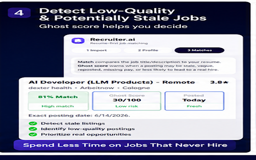 Recruiter.ai :: Resume-first job matching with exact job cards, match score, ghost-job warning, and workplace links.