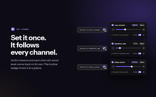 Twitch Volume Balancer :: Set a volume for each Twitch channel, from 0% to 500%. Applied automatically, with a limiter that keeps big boosts clean.