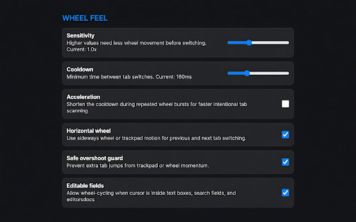 Scroll Wheel Tab Switcher :: Hold Alt and scroll your mouse wheel anywhere on the page to switch tabs. No tab bar hovering needed.