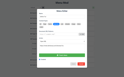Menu Mod :: Create custom context menu items to perform actions on selected text, links, images and more on any website.