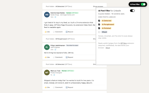 AI Slop Filter for LinkedIn :: Collapses LinkedIn posts the GPTZero extension flags as AI-written. Unaffiliated companion; requires the free GPTZero extension.