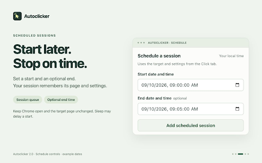 Autoclicker :: Automate webpage clicks with random intervals, click limits, shortcuts, position capture and scheduled sessions.
