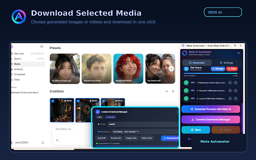 Meta Automator – Auto Meta Bulk AI Image & Video Generator (Free) :: Automate Meta AI video and image generation. Bulk create AI videos and images with custom settings.